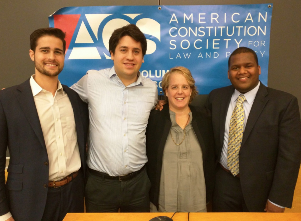 L-R: Paul, Weiss litigators William Freeland and Jacob Taber; Roberta Kaplan '91; and ACS Co-President Shane Grannum '18 L-R: Paul, Weiss litigators William Freeland and Jacob Taber; Roberta Kaplan '91; and ACS Co-President Shane Grannum '18
