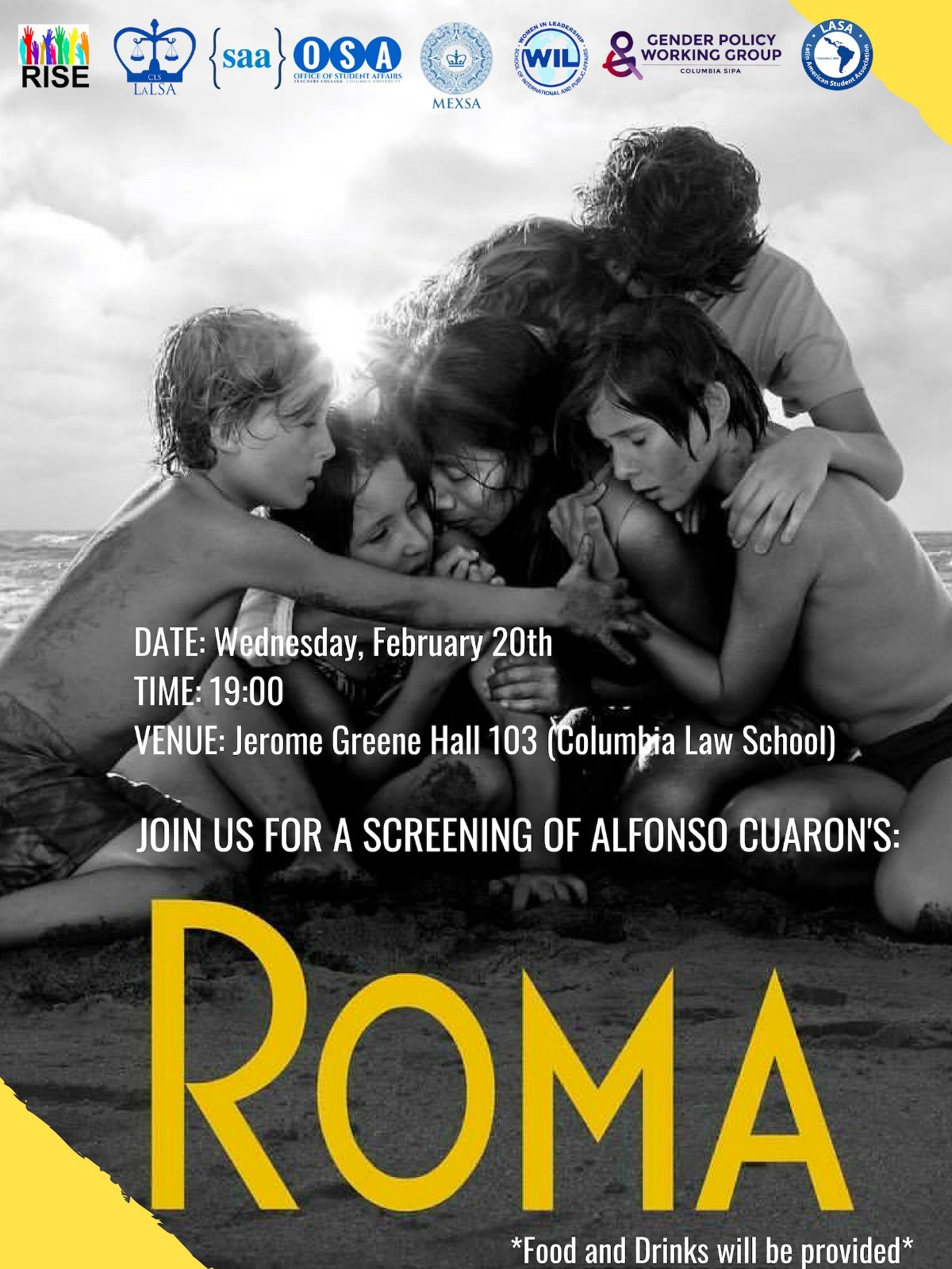 Image of Roma theatrical poster of woman on kneeling on the beach with five people hugging her. The flyer has information of our event on it.