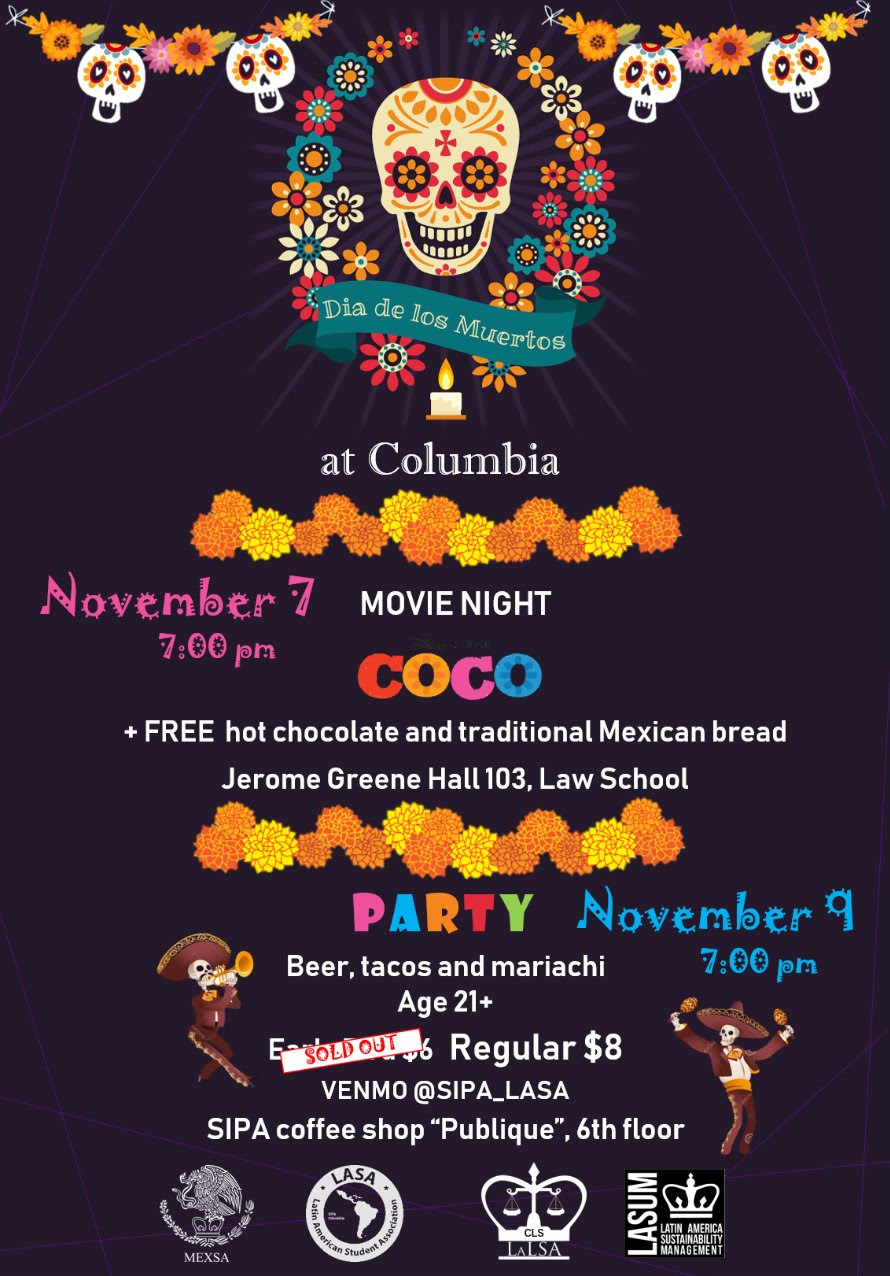 Flyer for our Día de los Muertos Celebration with images of skulls, colors, and skeletons dressed in Mariachi