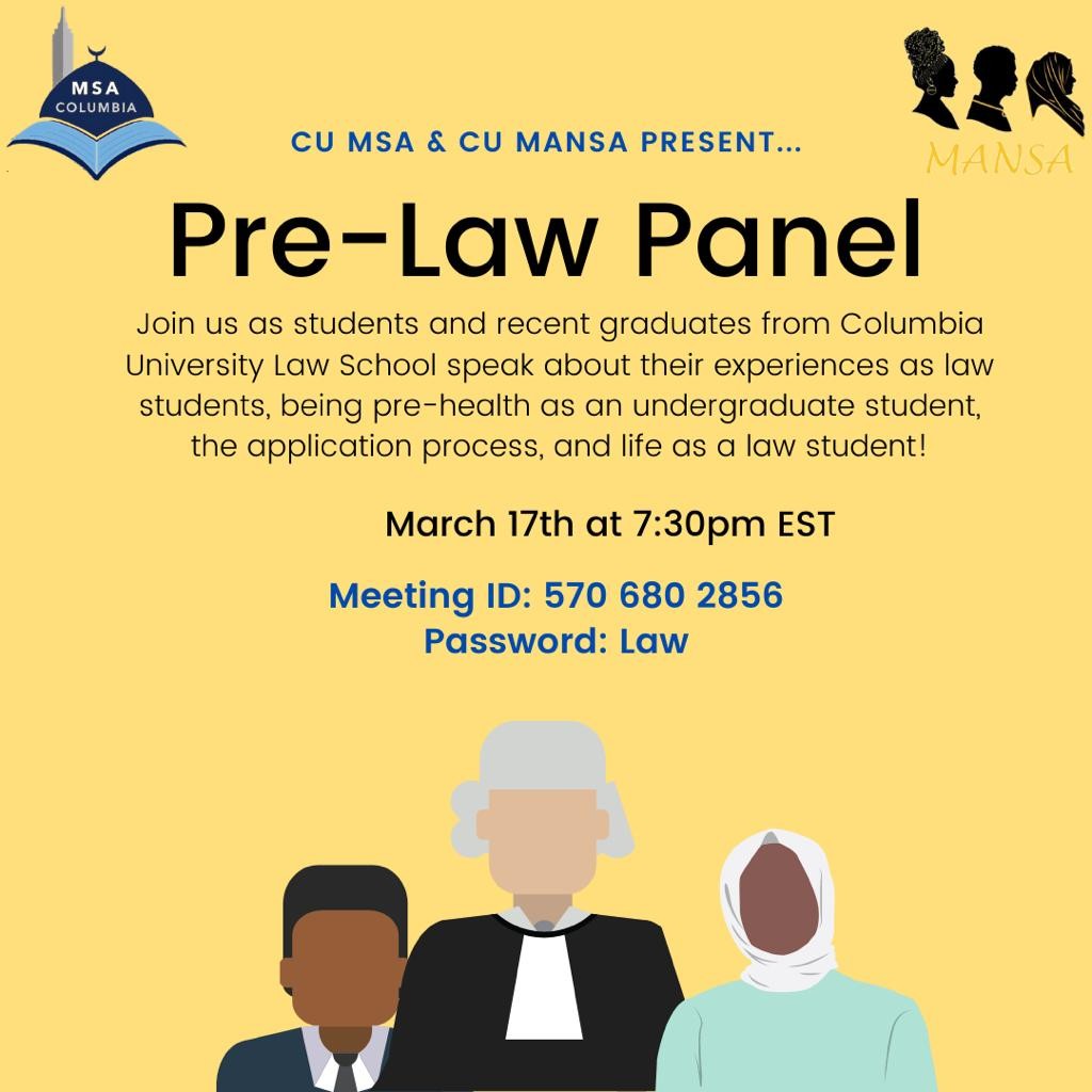 Yellow flier with black text titled "Pre-Law Panel"