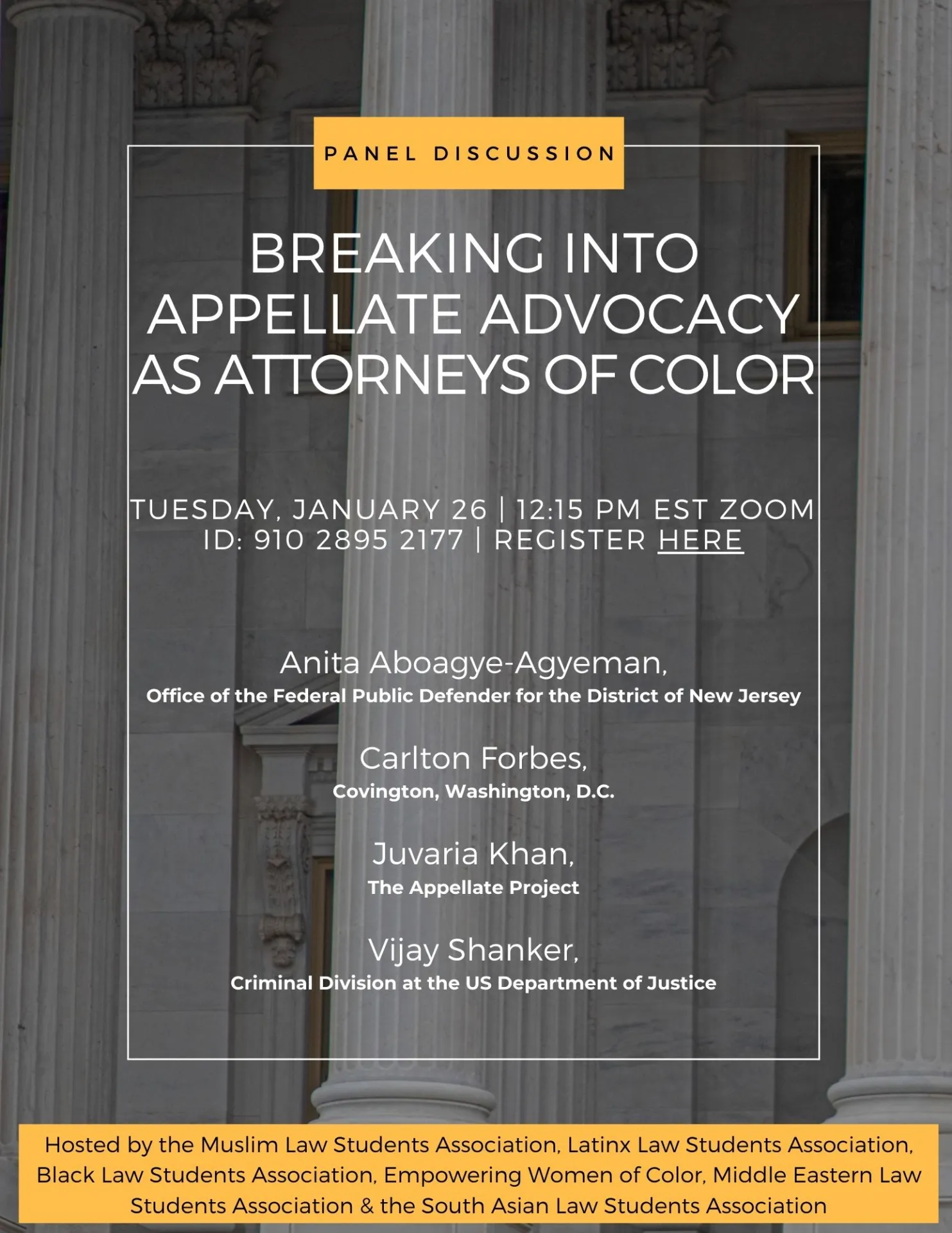 Grey, yellow, and white flier featuring names of four panelists.