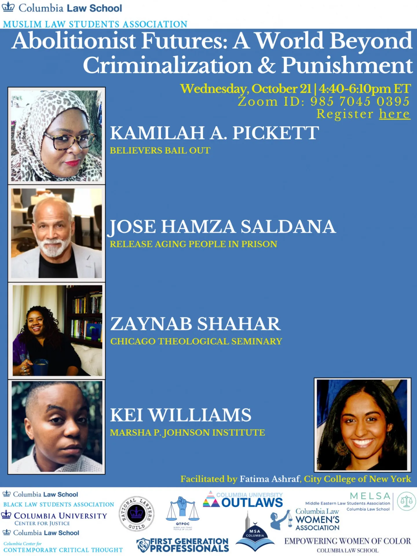 Blue flier with yellow and white text providing event information and photos of four panelists. 