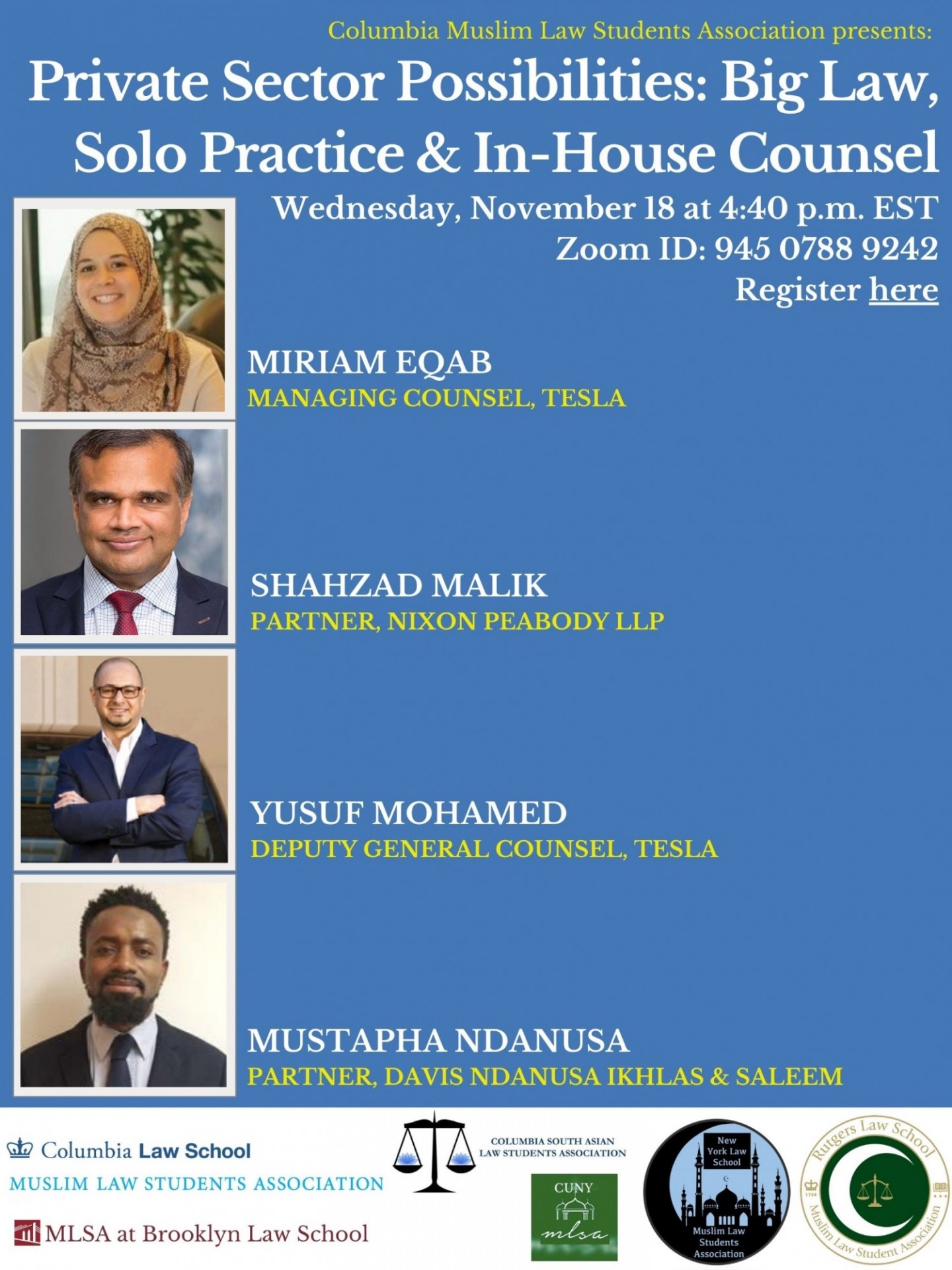 Blue flier with yellow and white text providing event information and photos of four panelists. 