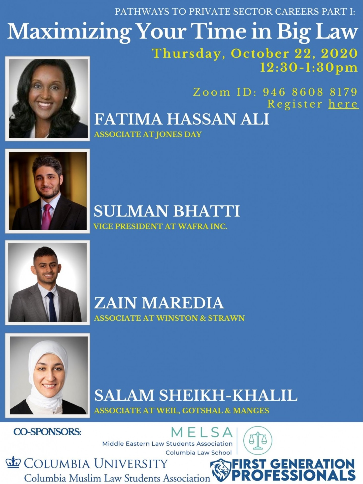 Blue flier with yellow and white text providing event information and photos of four panelists. 