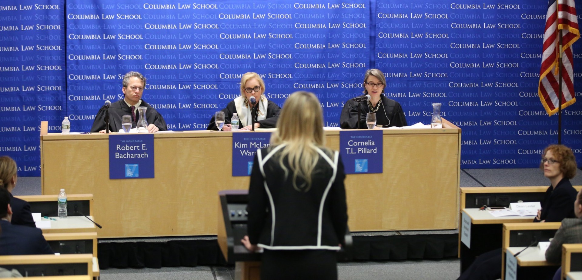 Photo of three U.S. Circuit Court judges asking a finalist questions during the 2018 Stone finals.