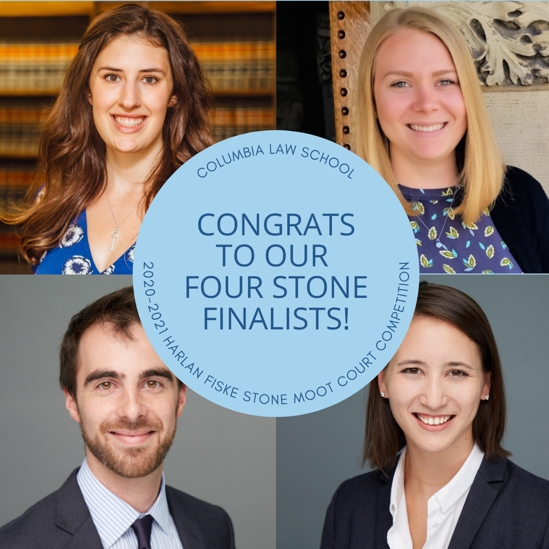 Photo of the 2020–21 Stone Finalists Freya Jamison '21 (top left), Samuel Truesdell '21 (bottom left), Madeleine Durbin '21 (top right), and Mai-Lee Picard '21 (bottom right) with a caption that says "Congrats to our four stone finalists!"